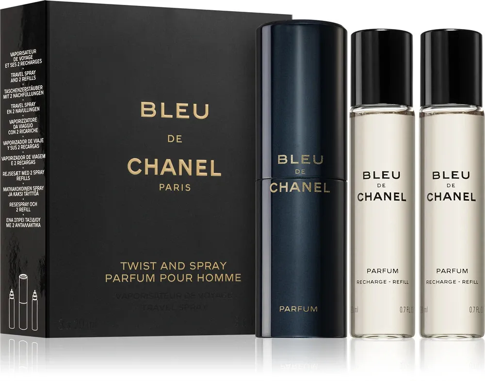 Bleu de Chanel navulbare reisverstuiver 20 ml + 2 x parfum navulling voor heren
