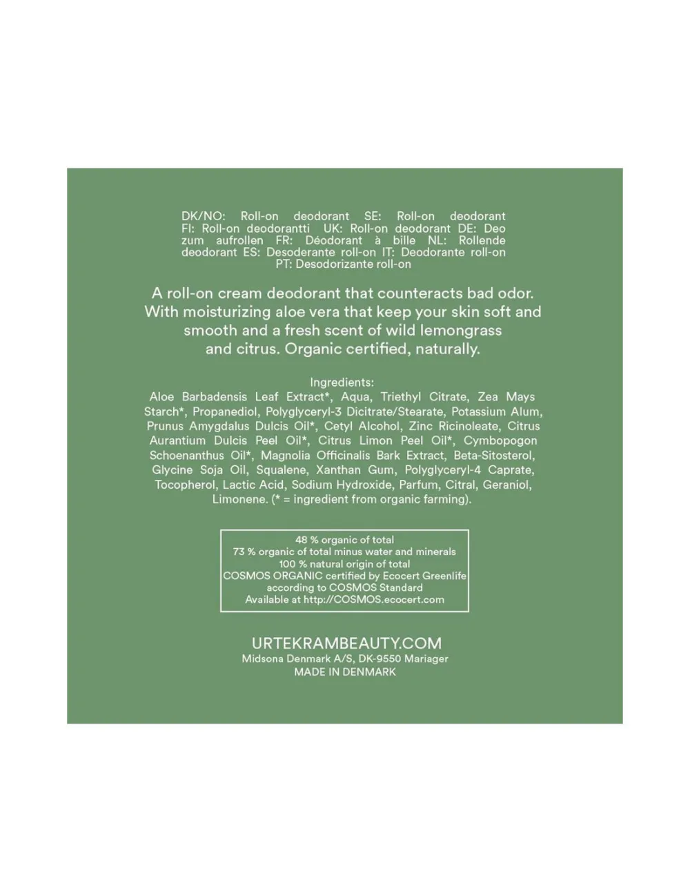 Urtekram Deodorant roll on crème citroengras 50 ml BIO