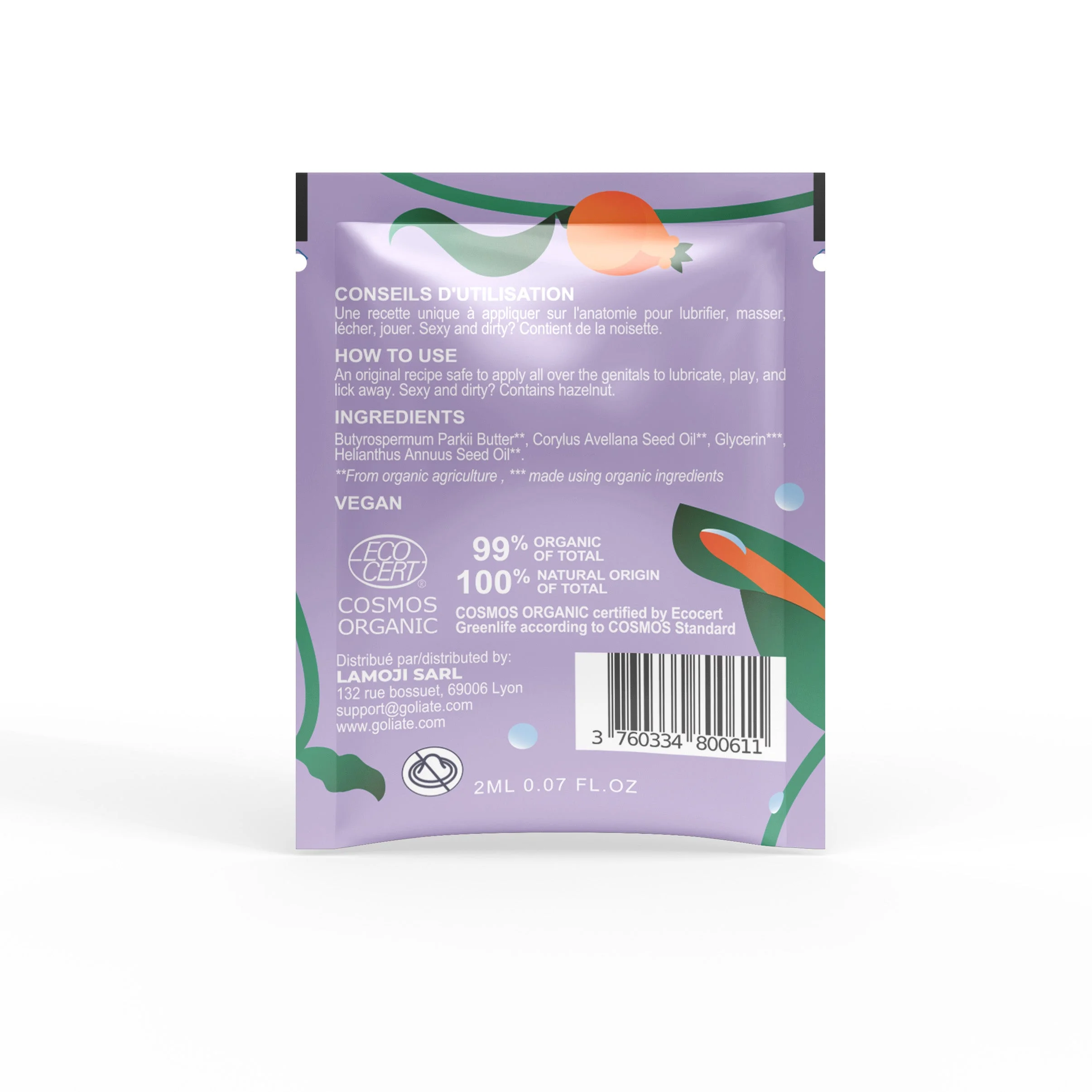 Goliate Eetbare massage- en glijolie 2-in-1 BIO - hazelnoot 2 ml - proefmonster - voor haar en hem