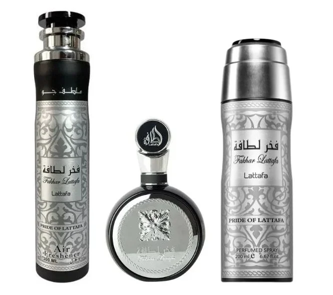 Fakhar Man geschenkset - 100 ml + Geparfumeerde spray 200 ml + Luchtverfrisser eau de parfum 300 ml