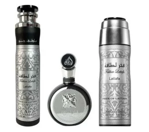 Lattafa Fakhar Man geschenkset - 100 ml + Geparfumeerde spray 200 ml + Luchtverfrisser eau de parfum