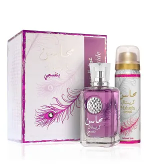 Lattafa Mahasin Crystal Violet cadeau set voor vrouwen eau de parfum 100 ml + deospray 50 ml