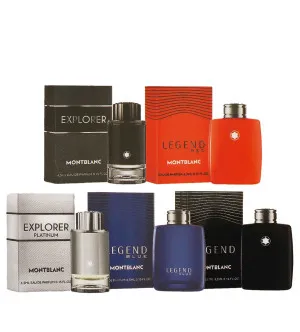Montblanc Miniature Collection cadeau set voor mannen eau de toilette Legend 4,5 ml + eau de parfum Legend Blue 4,5 ml + eau de parfum Legend Red 4,5 ml + eau de parfum Explorer 4,5 ml + eau de parfum Explorer Platinum 4,5 ml