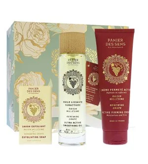 Panier Des Sens Renewing Grape geschenkset exfoliërende zeep 150 g + droge lichaamsolie 100 ml + verstevigende lichaamscrème