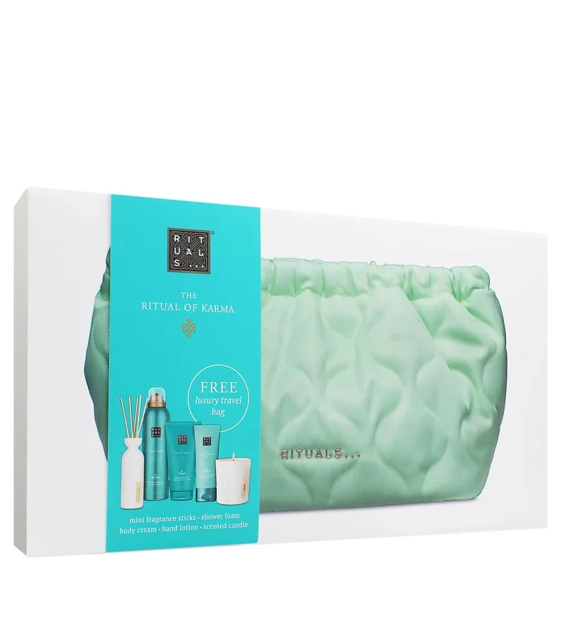 The Ritual of Karma cadeauset douchegel 200 ml + bodycrème 150 ml + geurkaars 140 g + geurstokjes 70 ml + handcrème