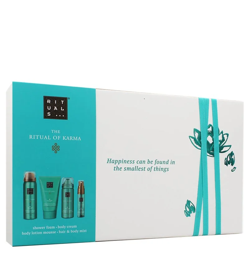 The Ritual of Karma geschenkset douchegel 50 ml + body- en haarmist 20 ml + lichaamsschuim 50 ml + bodycrème
