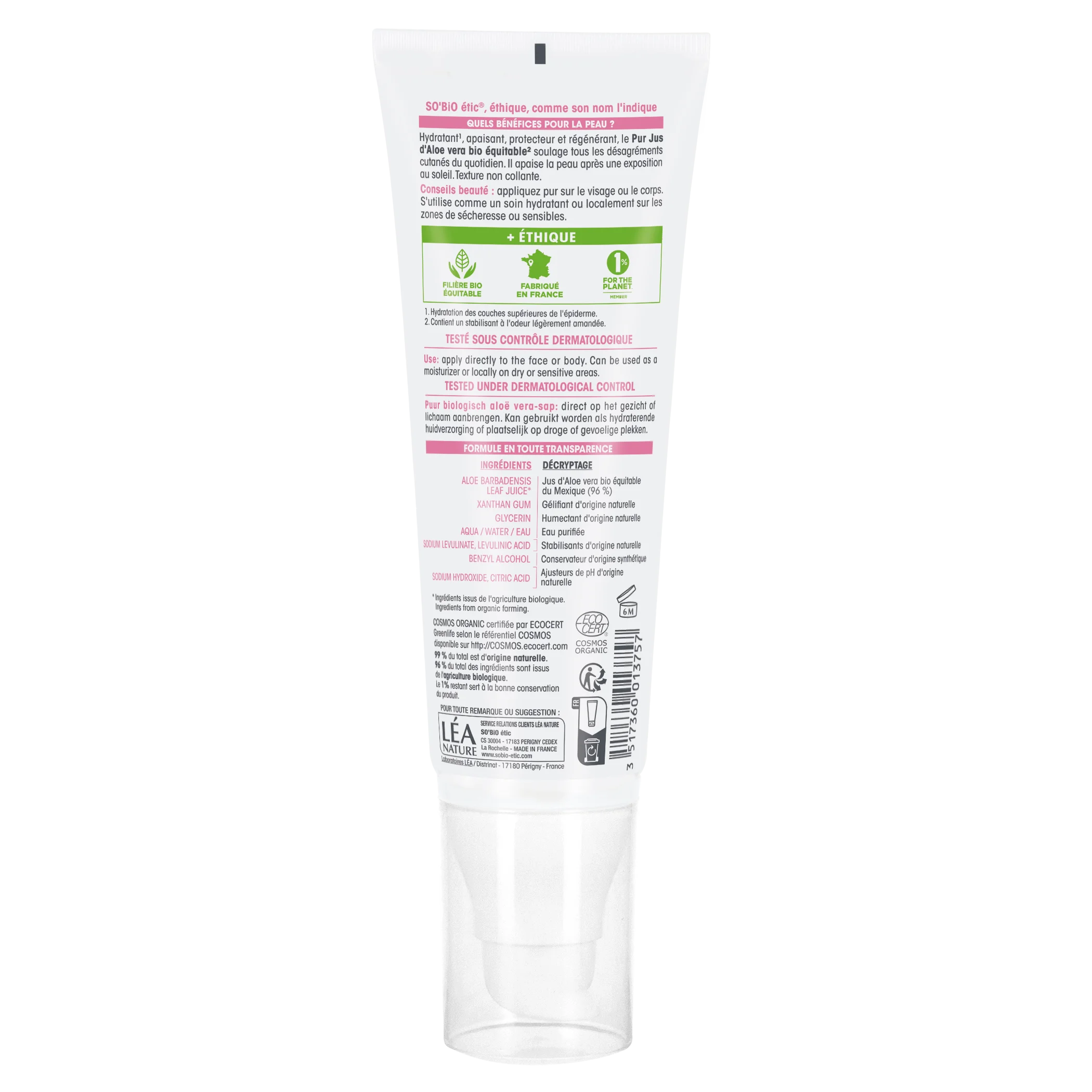SO’BiO étic Aloë vera-gel - hypoallergeen, biologisch (125 ml) - intensieve hydratatie en kalmering van de huid