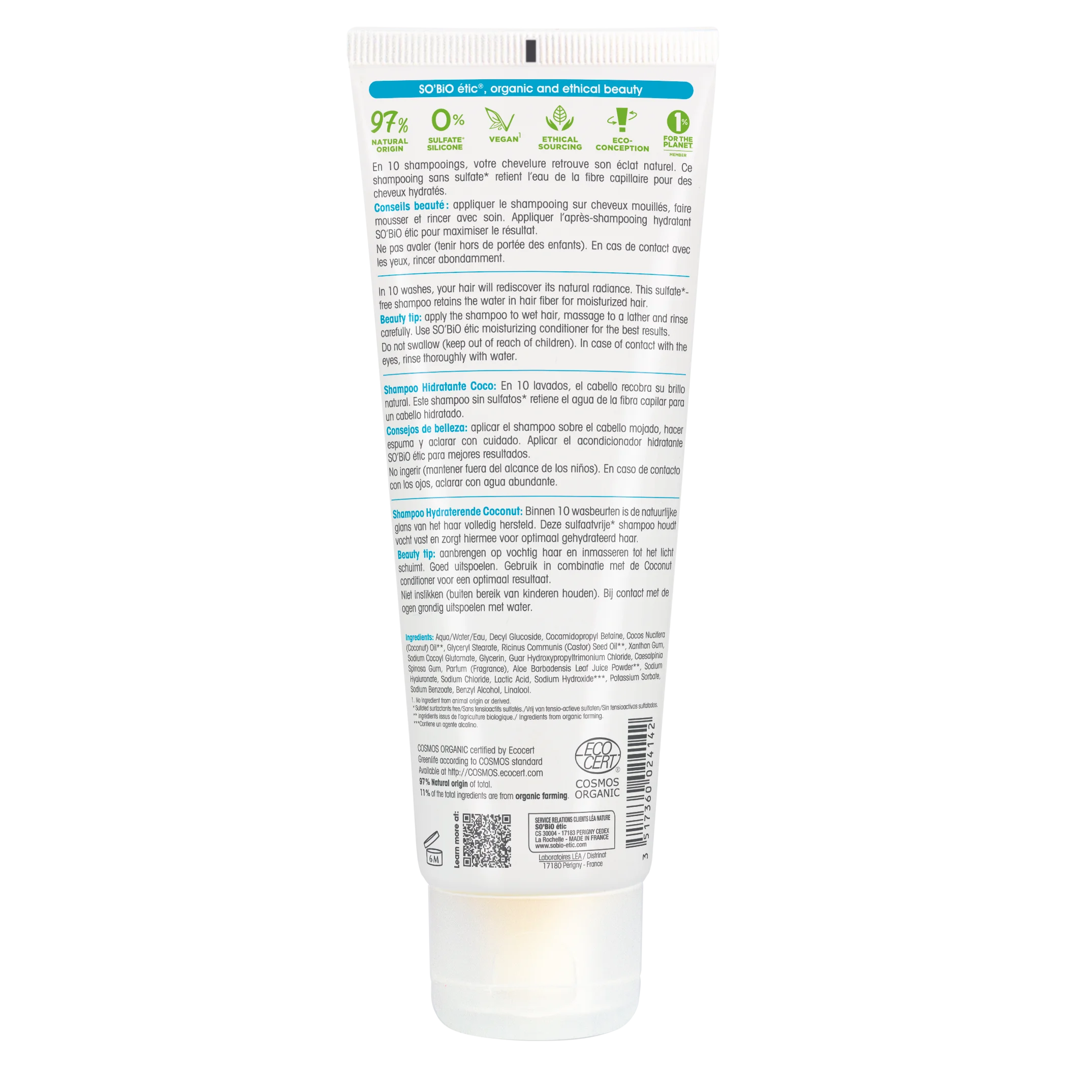 SO’BiO étic Hydraterende shampoo met kokos en hyaluronzuur BIO (250 ml) - voor alle haartypes
