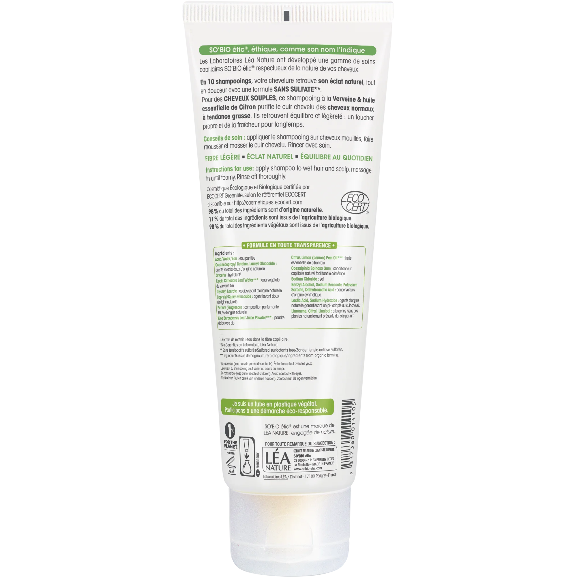 SO’BiO étic Milde shampoo verbena-citroen BIO (250 ml) - ideaal voor vettig haar