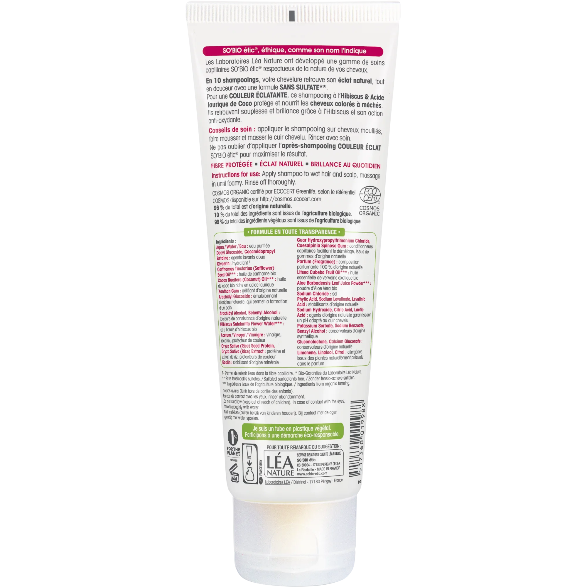 SO’BiO étic Shampoo voor gekleurd en gehighlight haar met biologische hibiscus (250 ml) - houdt de kleur stralend
