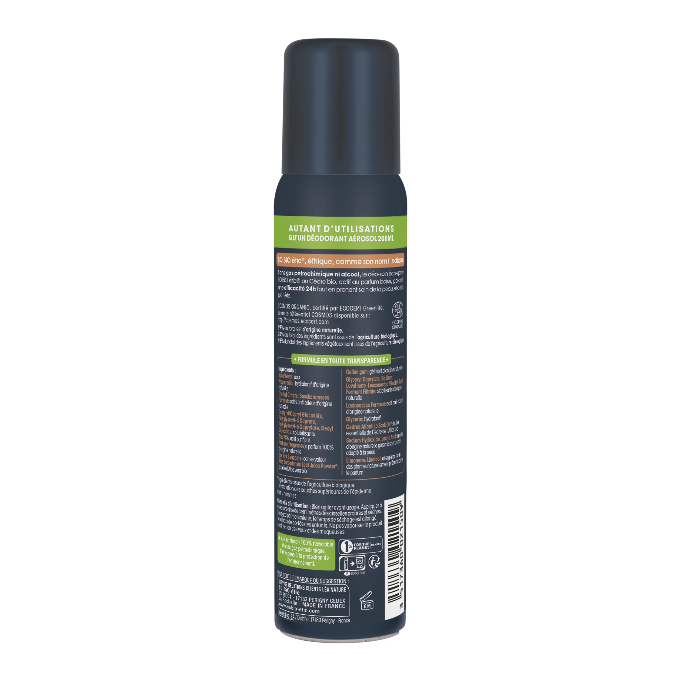 SO’BiO étic Natuurlijke deodorant ECO SPRAY 24u MEN - BIO ceder (100 ml) - tot 24 uur effectief
