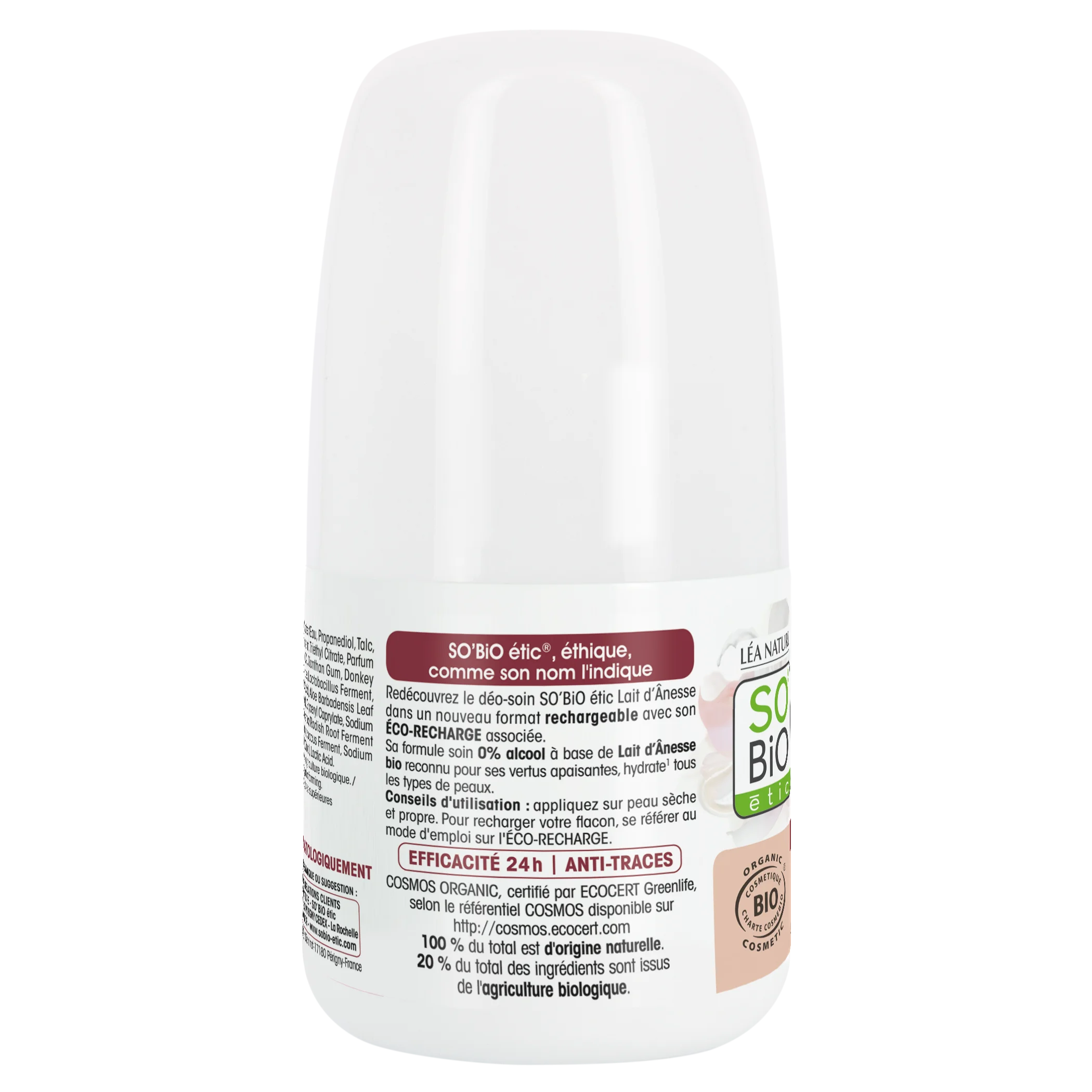 SO’BiO étic Roll-on deodorant 24u hydraterend met ezelinnenmelk - navulbaar BIO (50 ml) - ook voor de gevoelige huid