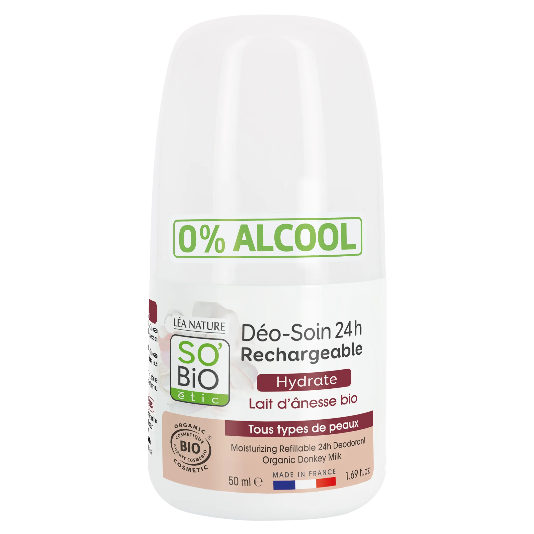 SO’BiO étic Roll-on deodorant 24u hydraterend met ezelinnenmelk - navulbaar BIO (50 ml) - ook voor de gevoelige huid