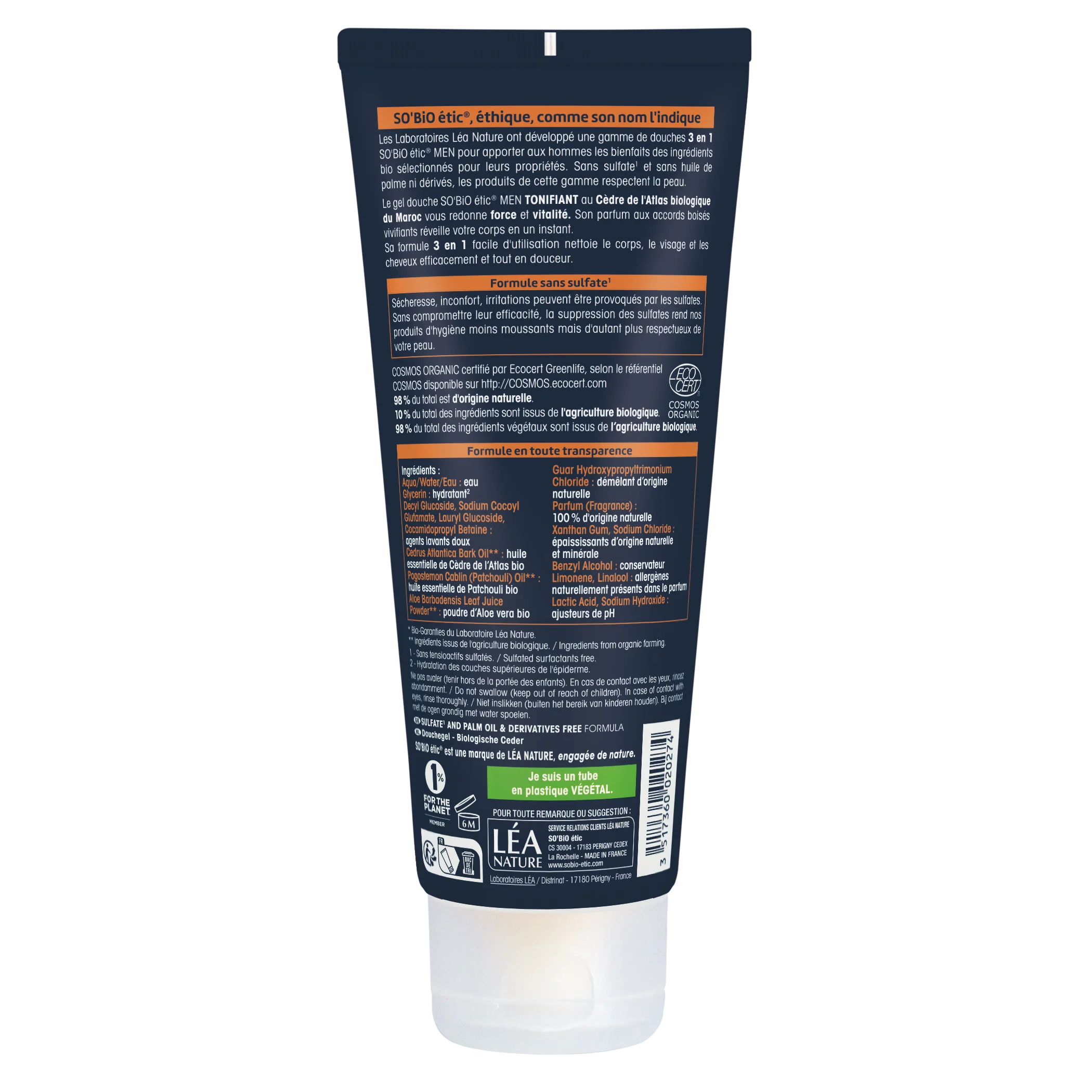SO’BiO étic Douchegel MEN 3-in-1 - verkwikkende BIO ceder (200 ml) - voor lichaam, gezicht en haar