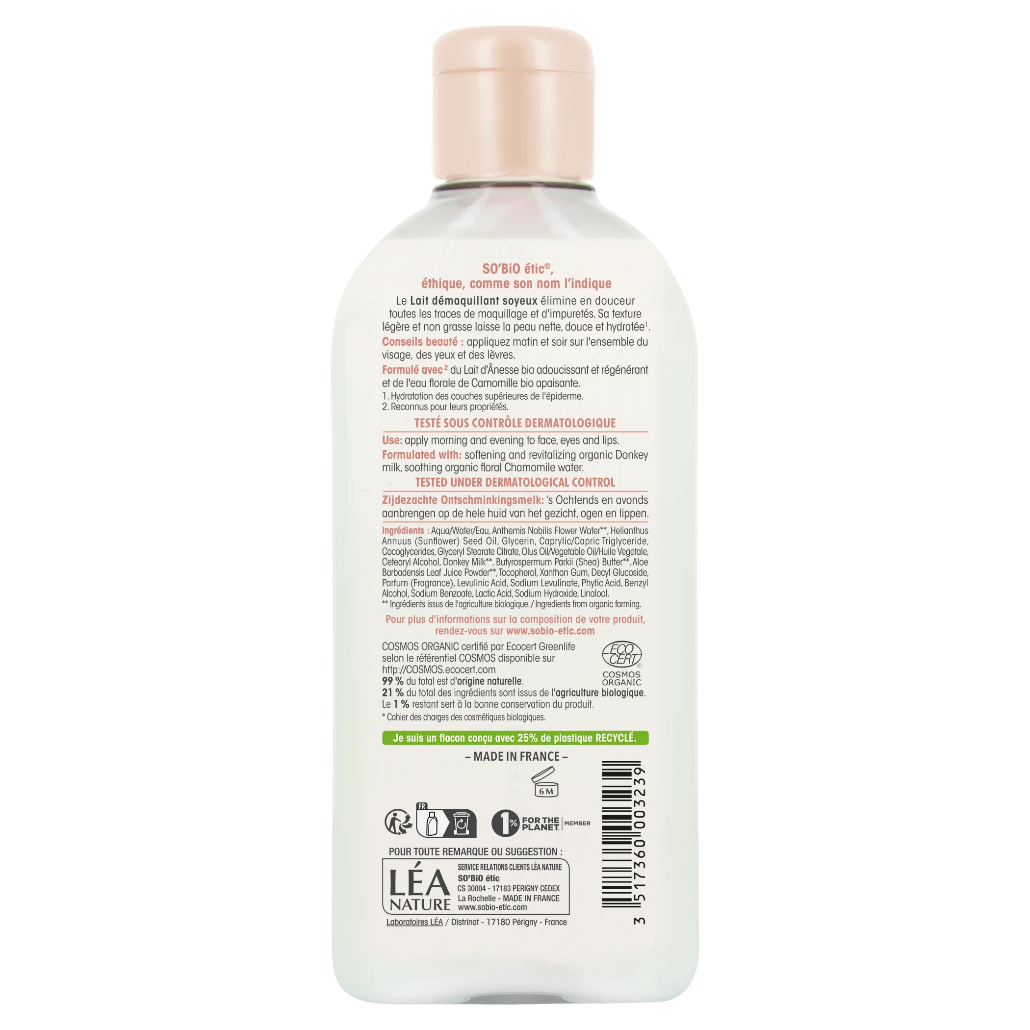 SO’BiO étic Reinigingsmelk met biologische ezelinnenmelk (200 ml) - verwijdert zacht make-up en onzuiverheden
