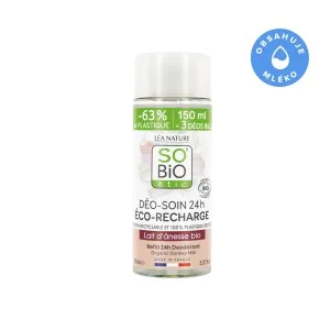 SO’BiO étic Navulling voor 24-uurs hydraterende roll-on deodorant met biologische ezelinnenmelk (150 ml) - één navulling vervangt drie roll-ons