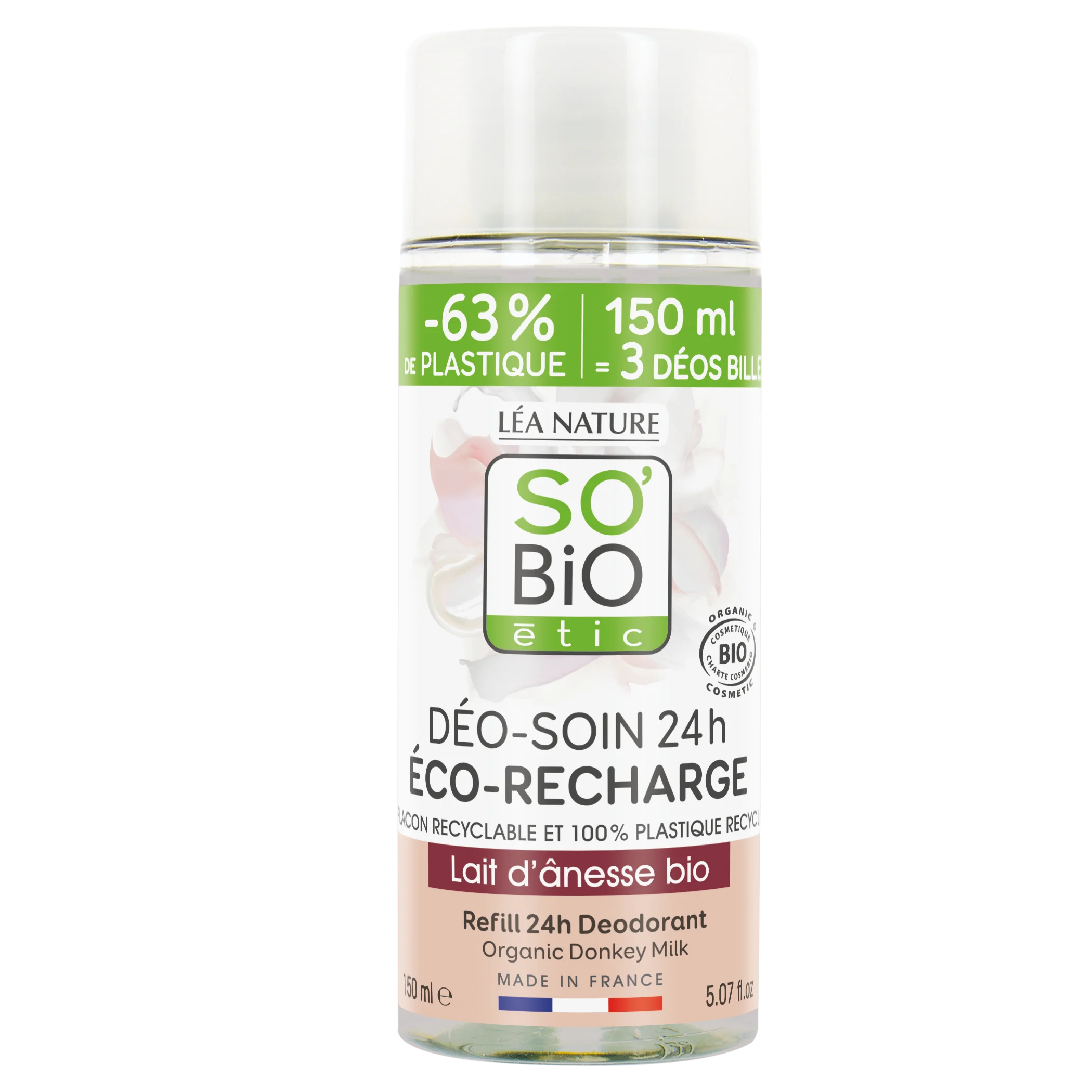 SO’BiO étic Navulling voor 24-uurs hydraterende roll-on deodorant met biologische ezelinnenmelk (150 ml) - één navulling vervangt drie roll-ons