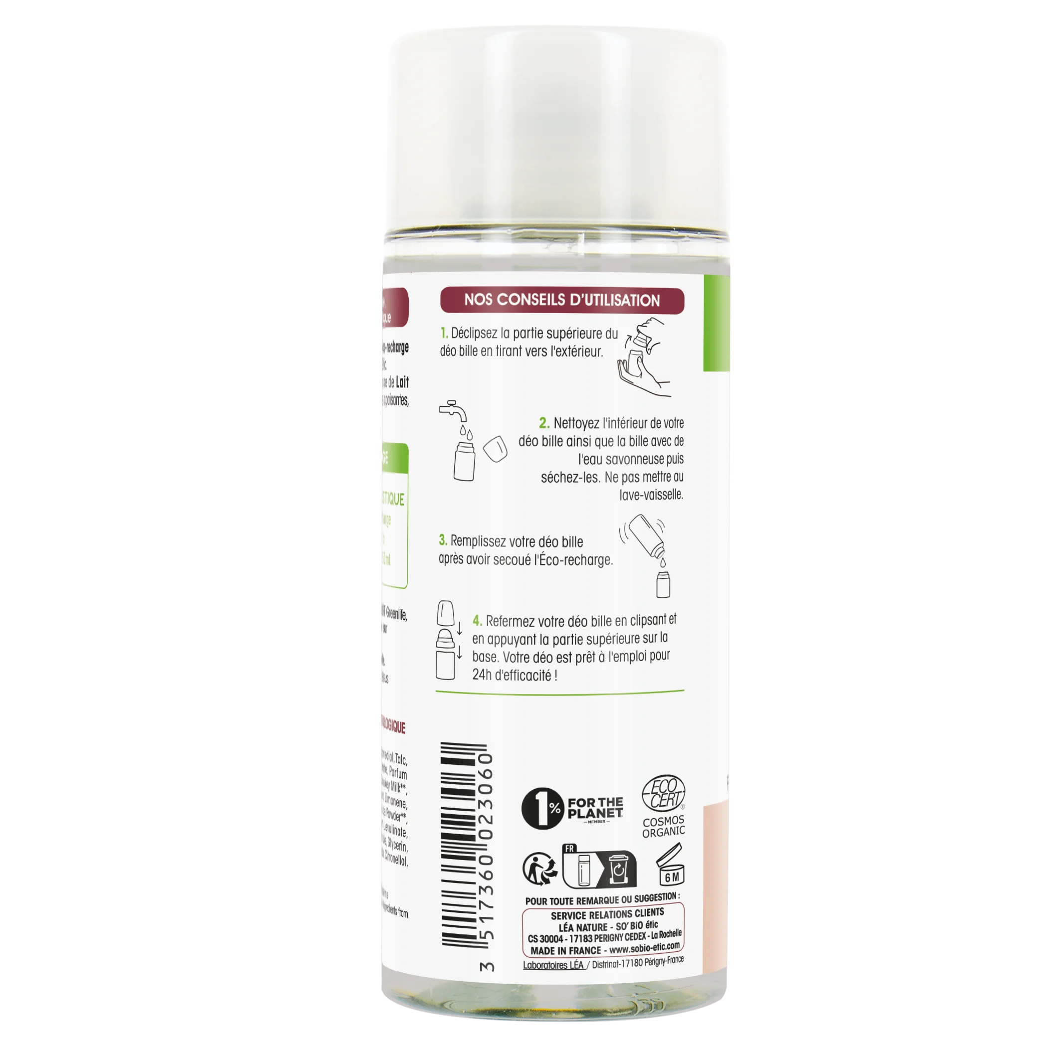 SO’BiO étic Navulling voor 24-uurs hydraterende roll-on deodorant met biologische ezelinnenmelk (150 ml) - één navulling vervangt drie roll-ons