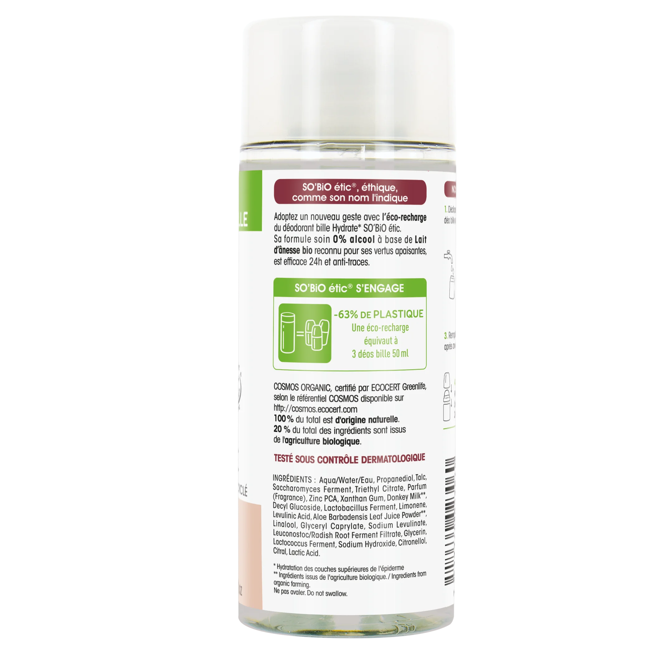 SO’BiO étic Navulling voor 24-uurs hydraterende roll-on deodorant met biologische ezelinnenmelk (150 ml) - één navulling vervangt drie roll-ons