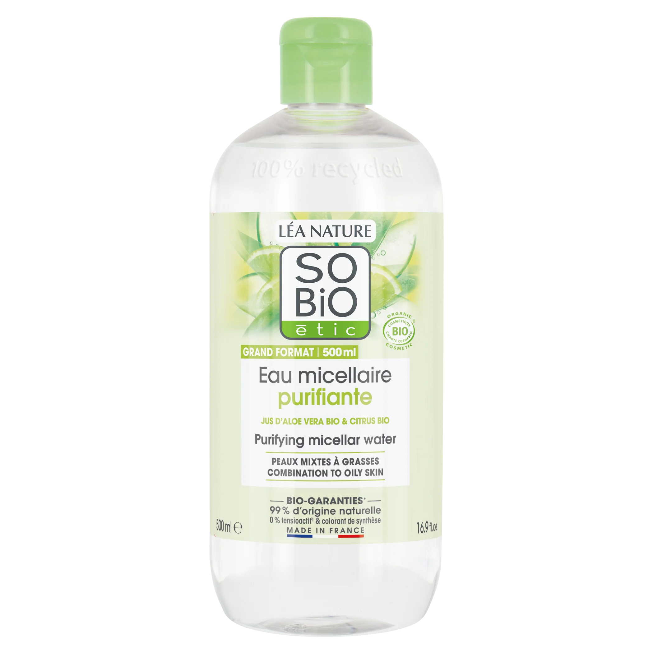 SO’BiO étic Aloë Vera reinigend micellair water - zink en citrus BIO (500 ml) - ideaal voor de gemengde tot vette huid