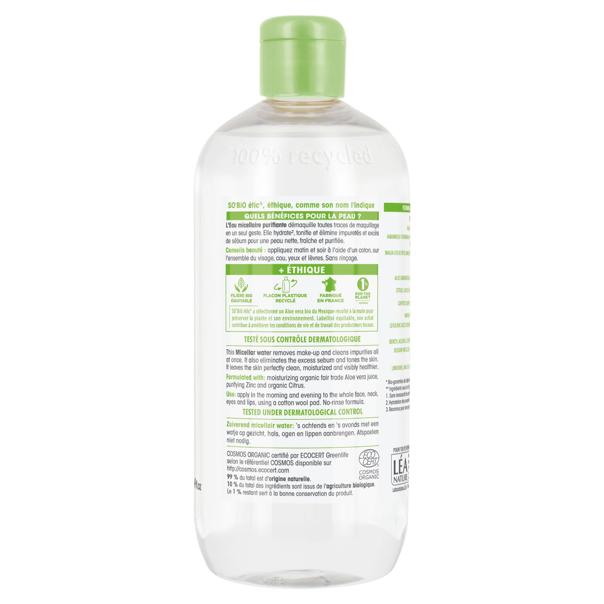 SO’BiO étic Aloë Vera reinigend micellair water - zink en citrus BIO (500 ml) - ideaal voor de gemengde tot vette huid