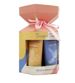 The Indulgent Bathing Co. Tranquil Treats cadeauset douchegel + bodylotion 50 ml + badspons