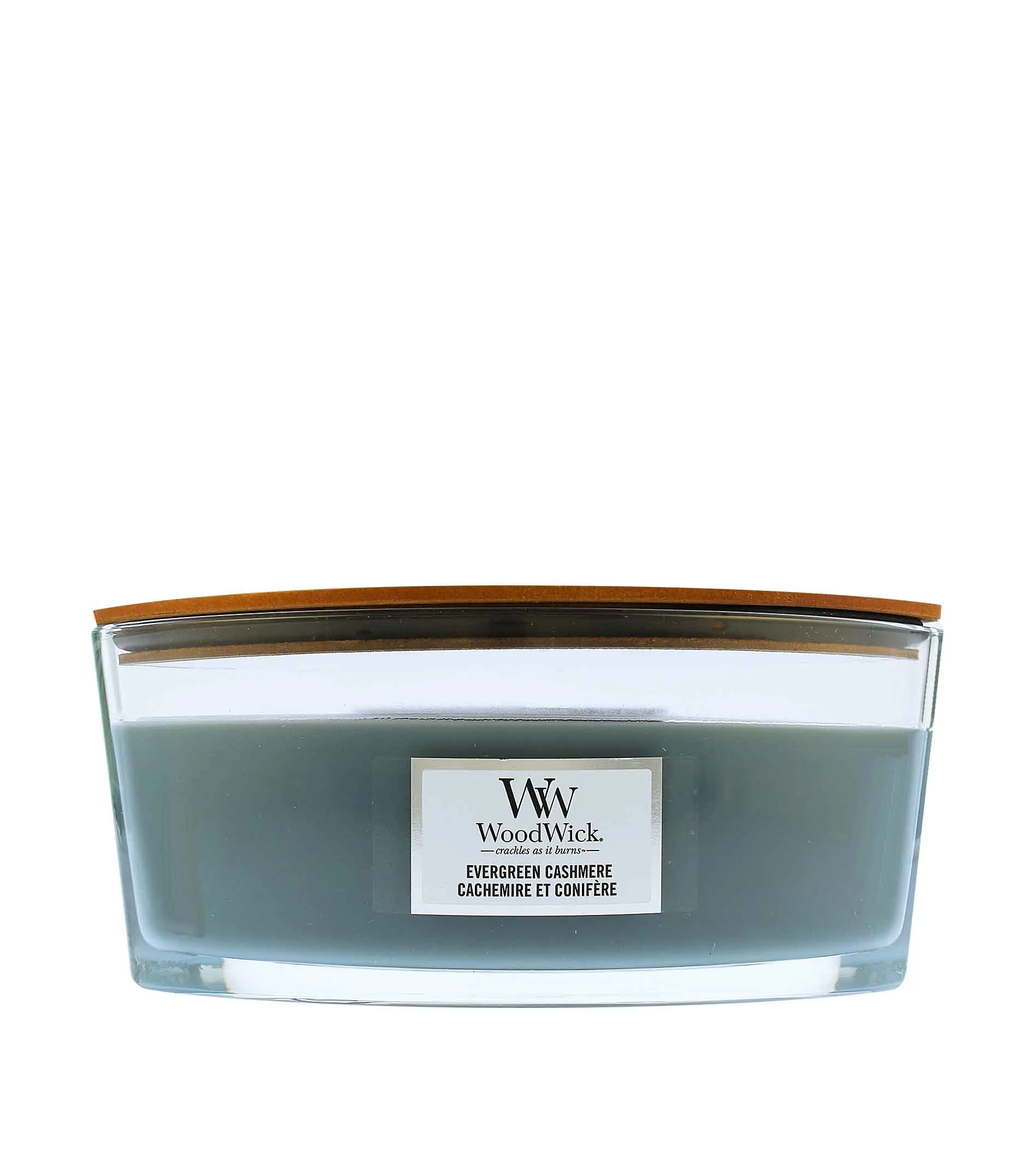 WoodWick Evergreen Cashmere geurkaars met houten lont voor mannen