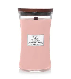 WoodWick Pressed Blooms & Patchouli geurkaars met houten lont voor mannen