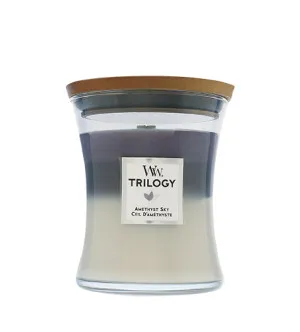 WoodWick Trilogy Amethyst Sky geurkaars met houten lont 275 g