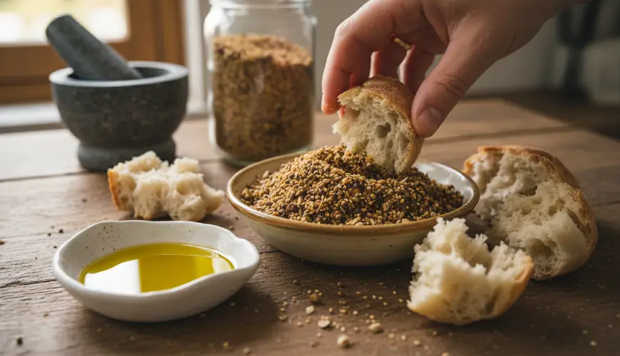 Dukkah is een knapperig Egyptisch mengsel om brood in olie te dippen
