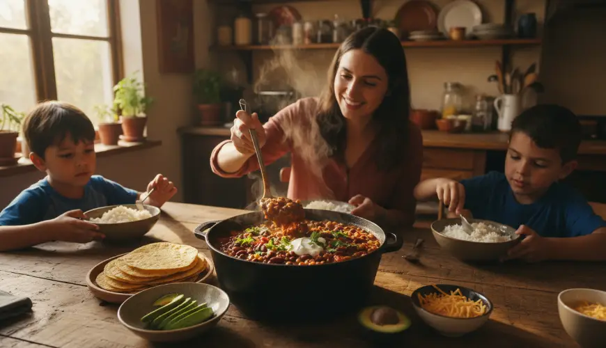 Vegetarische chili bonensctotel die het hele gezin voedt

Wait, let me provide a proper translation: