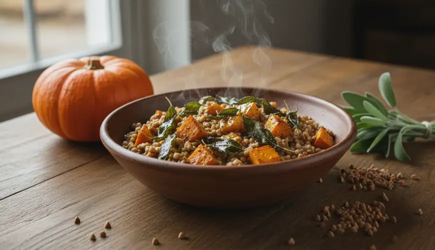 Boekweitrisotto met pompoen en salie voor koude herfstdagen