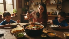 Vegetarische chili bonensctotel die het hele gezin voedt

Wait, let me provide a proper translation: