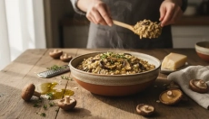 Hartig havermout met paddenstoelen als gezond alternatief voor risotto