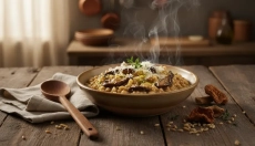 Geurige gerstorisotto met eekhoorntjesbrood oftewel risotto van gerstegrutten